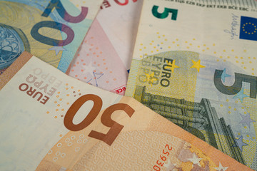Euro bank notes five, ten, twenty and fifty
