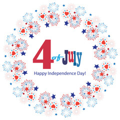 Fototapeta na wymiar 4th of July Greeting card. Firework Happy Independence day party holiday festive symbols fireworks isolated set symbols american flag color red blue white background, vector icon star burst flat