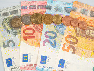 Euro coins and notes, in order five to 50 and all the different euro coins