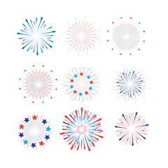 Firework Happy Independence day party holiday festive symbols fireworks isolated set symbols american flag color red blue white background, vector icon star burst flat simple design template pattern