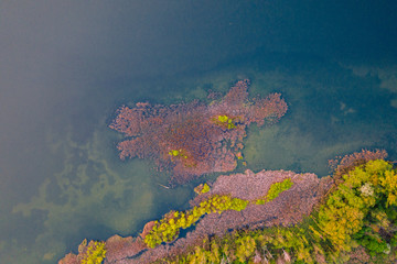 Fototapeta na wymiar Aerial drone photography of a lake landscape during sunset. Beautiful and calm rural landscape. 
