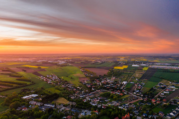 Aerial drone photography of a lake landscape during sunset. Beautiful and calm rural landscape. 