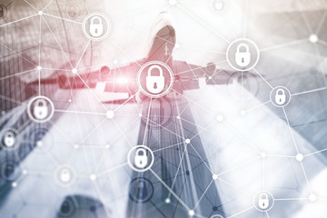 Cyber security, information privacy, data protection concept on modern server room background. Internet and digital technology concept