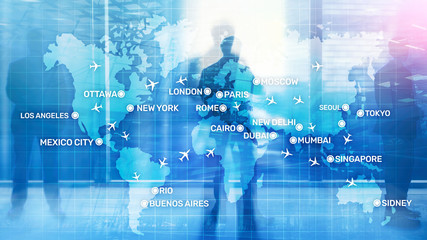 Global Aviation Abstract Background with planes and city names on a map. Business Travel Transportation concept.