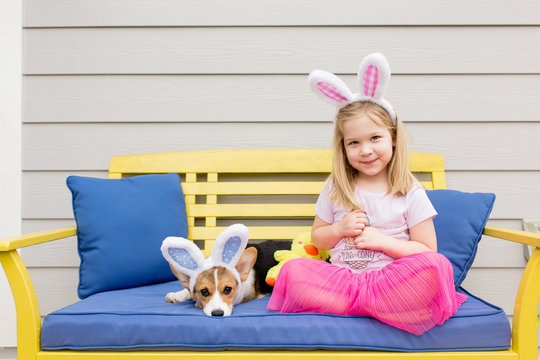 Cute little blond girl sitting with corgi puppy both with bunny ears