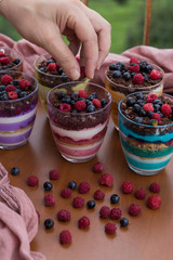 Blueberry,strawberry and raspberry Magnolia Dessert on the wooden table for concept.