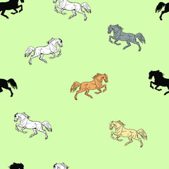 vectorized seamless background of colored shapes and silhouettes of horses, on a colored background