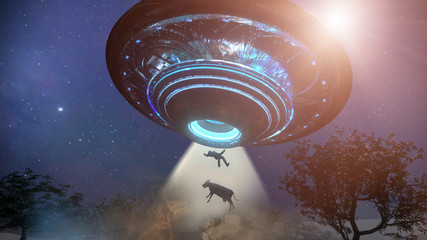 Man and cow floating to inside of ufo alien ship.   Concept of alien abduction 3d render - obrazy, fototapety, plakaty