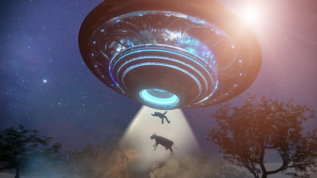 Man and cow floating to inside of ufo alien ship.   Concept of alien abduction 3d render