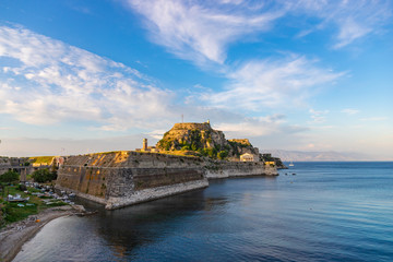 Old fortress in Kerkyra (Corfu town) at sunset. Corfu island, Greece.
