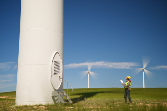 Windmills for renewable electric production in Zaragoza Province, Spain.