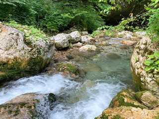 Abkhazia, mountain river in the gorge Tsandripsh in the summer in cloudy day