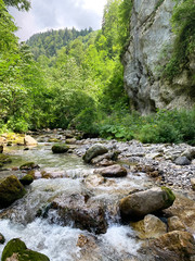 Abkhazia, mountain river in the gorge Tsandripsh in the summer in cloudy day