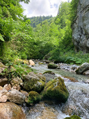 Abkhazia, mountain river in the gorge Tsandripsh in the summer in cloudy day