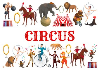 Circus animals, clowns and acrobatic equilibrists © Vector Tradition