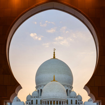Dome of Sheikh Zayed Mosque Framed in Entrance Archway