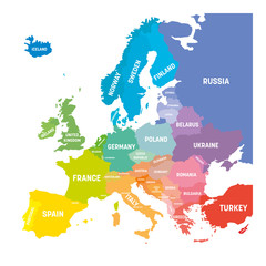 Map of Europe in colors of rainbow spectrum. With European countries names - obrazy, fototapety, plakaty