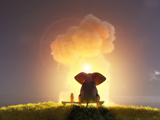 elephant and dog sit and look at the big explosion