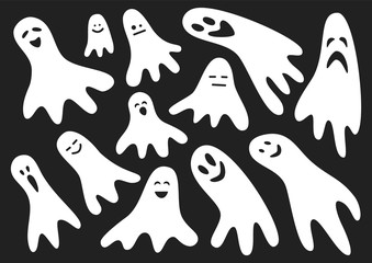 Isolated hand-drawn Halloween set of ghost emoji 