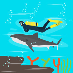 Scuba diver swimming over the coral reef with a shark. Scuba diving concept - Vector