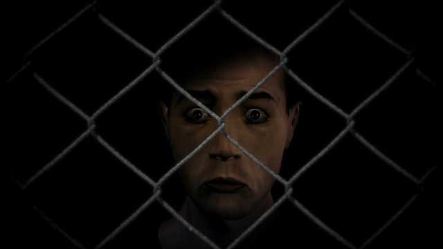 Animated frightened man behind fence
