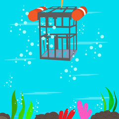 Shark cage diving in the ocean botton. Scuba diving concept - Vector