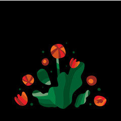 Simple red and orange flowers and green leaves on black background. Beautiful bouquet. Trendy flat style illustration for banner, cover, flyer, greeting card, invitation and etc. Vector.