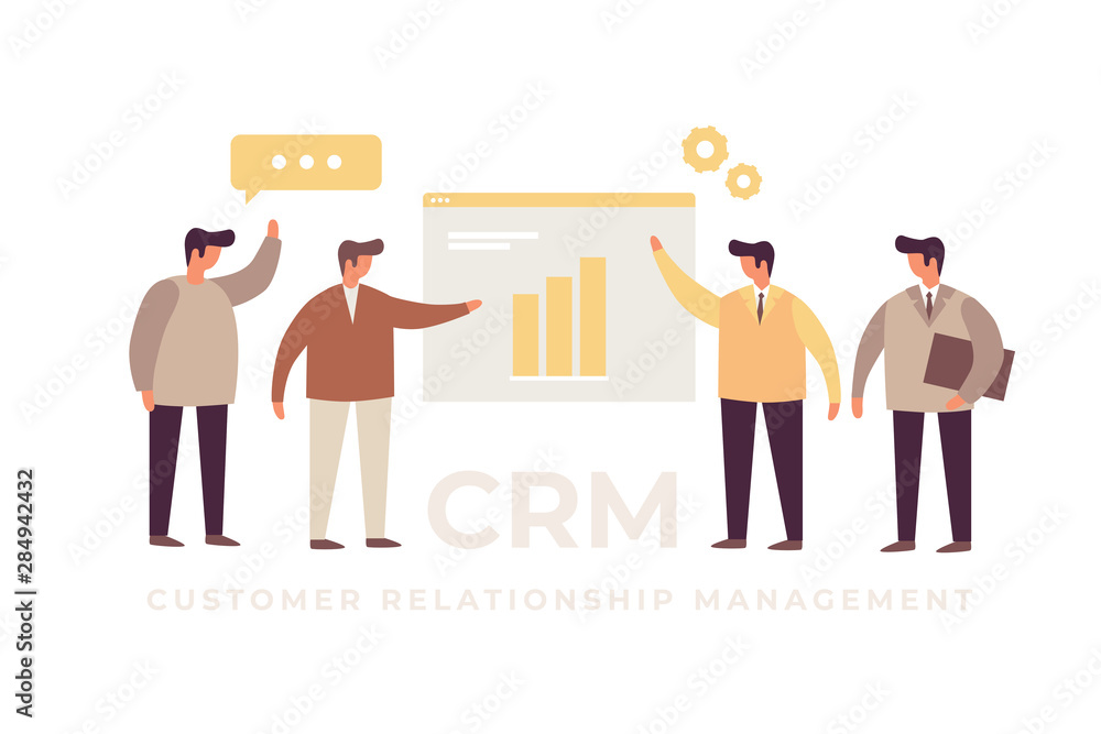 Aufkleber concept of customer relationship management. businessmen discuss transactions, support systems and c