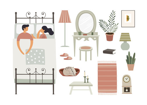 A man and a woman are sleeping together on a bed. A set of bedroom interior items creating a home comfort. Vector illustration in trendy flat style on white isolated background.