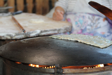 woman making pancake and waffle
