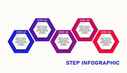 workflow infographic template with text in hexagons. color five steps business process flowchart