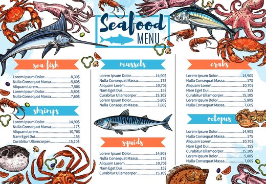 Seafood restaurant menu, fish gourmet food sketch