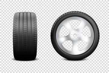 Vector 3d Realistic Render Car Wheel Icon Closeup Isolated on Transparent Background. Design Template of New Tires with Alloy Rims Front and Side View