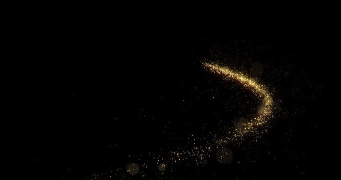 Gold sparkling glitter star dust trail. Magic Christmas golden shine light on black background. Glowing particles wave