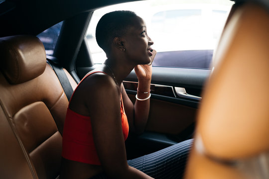 Woman having a conversation in a car