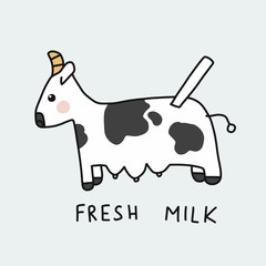 Fresh milk from cow cartoon vector illustration doodle style