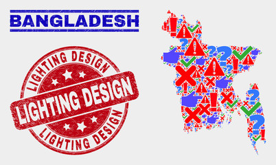 Symbolic Mosaic Bangladesh map and seal stamps. Red rounded Lighting Design scratched seal stamp. Colored Bangladesh map mosaic of different scattered elements. Vector abstract combination.