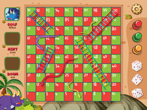 Boardgame with snakes and ladders on red and green squares