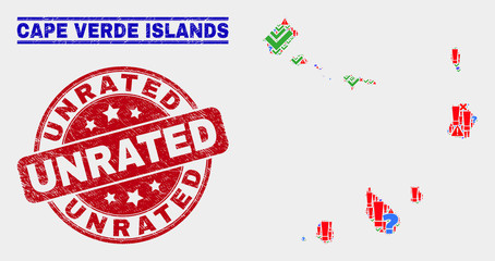 Symbol Mosaic Cape Verde Islands map and seal stamps. Red round Unrated distress seal stamp. Bright Cape Verde Islands map mosaic of different random items. Vector abstract combination.