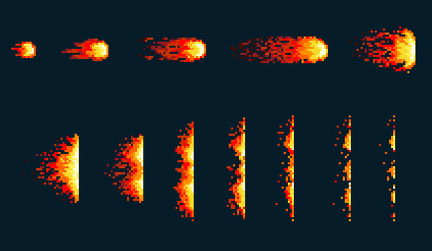 Pixel Art Fireball. Game Icons Set. Comic Boom Flame Effects For Emotion. Red Flames.