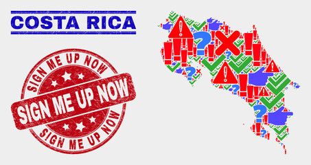 Symbolic Mosaic Costa Rica map and seal stamps. Red round Sign Me up Now grunge seal stamp. Colored Costa Rica map mosaic of different random elements. Vector abstract combination.