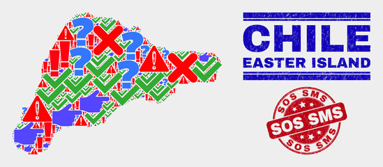 Symbol Mosaic Easter Island map and seal stamps. Red rounded Sos SMS distress seal stamp. Colored Easter Island map mosaic of different randomized items. Vector abstract composition.