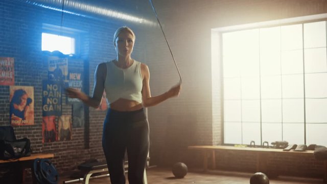 Fit Athletic Blond Woman Exercises with Jumping Rope in a Loft Style Industrial Gym. She's Concentrated on Her Intense Cross Fitness Training Program. Facility has Motivational Posters on the Wall.