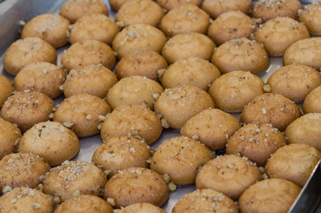 Traditional turkish sweet cookies called Şekerpare, in a tray ready to be served 