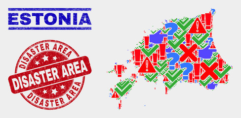 Sign Mosaic Estonia map and seal stamps. Red rounded Disaster Area scratched seal. Bright Estonia map mosaic of different randomized elements. Vector abstract composition.