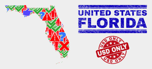 Symbolic Mosaic Florida State map and seal stamps. Red round USD Only scratched seal stamp. Colorful Florida State map mosaic of different randomized elements. Vector abstract collage.