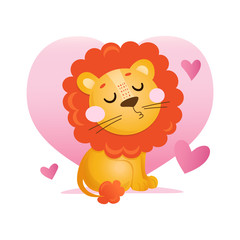 cute orange lion with pink hearts
