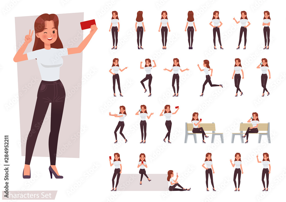 Poster set of woman character vector design. presentation in various action with emotions, running, standin