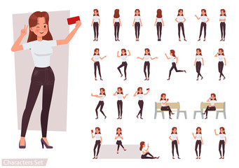 Set of woman character vector design. Presentation in various action with emotions, running, standing and walking.