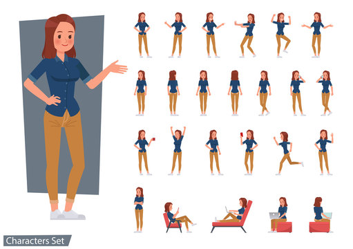 Set of woman wear blue jeans shirt character vector design. Presentation in various action with emotions, running, standing and walking.